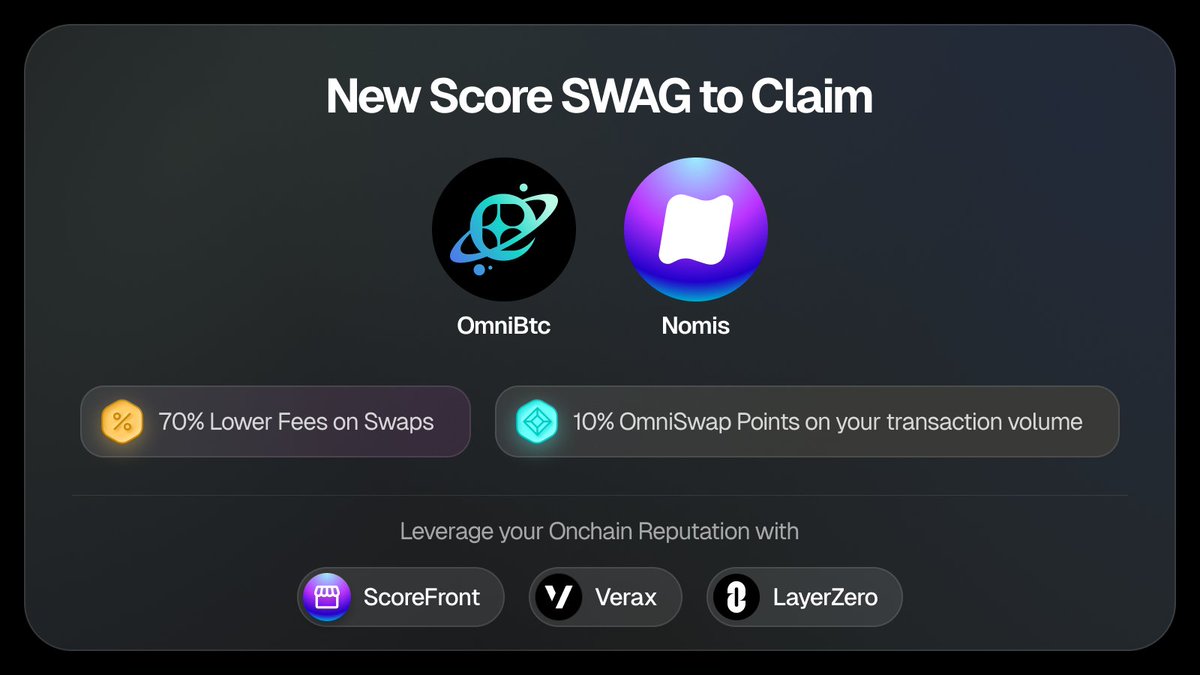0xNomis's tweet photo. 📈 Leverage and Boost your #LayerZero Reputation with @OmniBTC! Check out the new SWAG on #ScoreFront 🔗 https://t.co/2qlb1fVmS1

🚨 Exclusive Offer for @0xNomis holders: 70% Fee Discount + 10% OmniSwap Points for Swaps on OmniBTC!

1/ Dive into the 🧵 for partnership insights 👇 https://t.co/FUVu3xJCi0