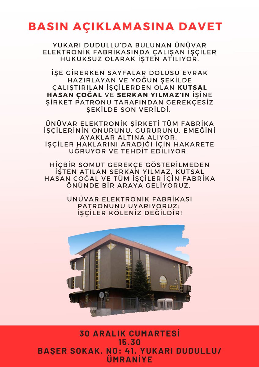 emek_daya's tweet photo. Basın Açıklamasına Davet!

Ünüvar Elektronik Fabrikasında yoğun şekilde çalıştırılan işçilerden Kutsal Hasan Çoğal ve Serkan Yılmaz haksız şekilde işten atıldı.

Fabrika patronu tüm işçilerinin onurunu ve emeğini ayaklar altına alıyor.

📆30 Aralık Cumartesi
⏰15.30
📌Y. Dudullu https://t.co/P7po46d3sp