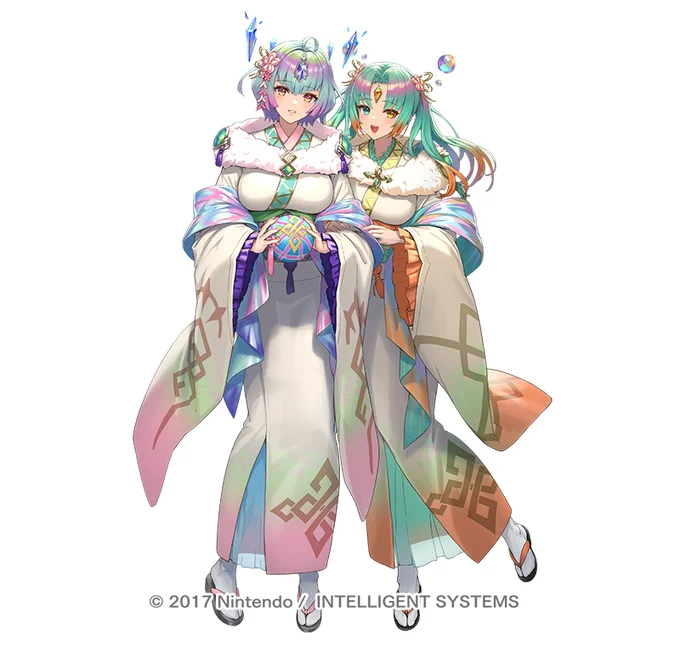 「ファイアーエムブレム ヒーローズ」で1月1日実装の『比翼英雄-新春の女神姉妹 セイズ』を描きました!グラデーションで2億色くらい使った。#FEヒーローズ #FEHeroes 