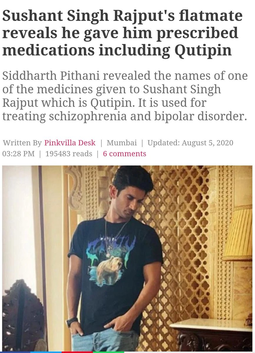 Yasmin2186's tweet photo. Why did Pithani administer 'Quitipin' to Sushant (meant for Schizophrenic &amp; Bipolar patients a known sedative used to dull yur senses??.) from Jan–March without a doctor's prescription?

@CBIHeadquarters @DoPTGoI
Truth Shall Prevail InSSRCase 
#302MustInSSRCase https://t.co/6eaKHKUjQg