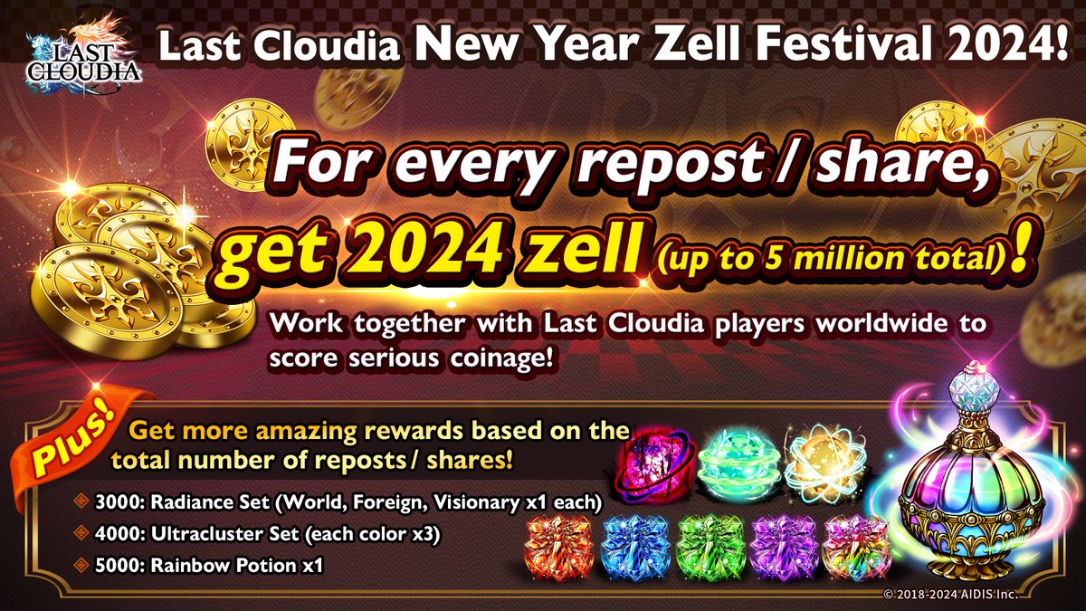 lastcloudiaen's tweet photo. Last Cloudia New Year Zell Festival 2024 is here!🎉

Get 2024 zell for every repost/share!💰✨ 

Paticipate and reach the milestones to get more amazing rewards for everyone!💎🌎 https://t.co/7KLucjF1Jq