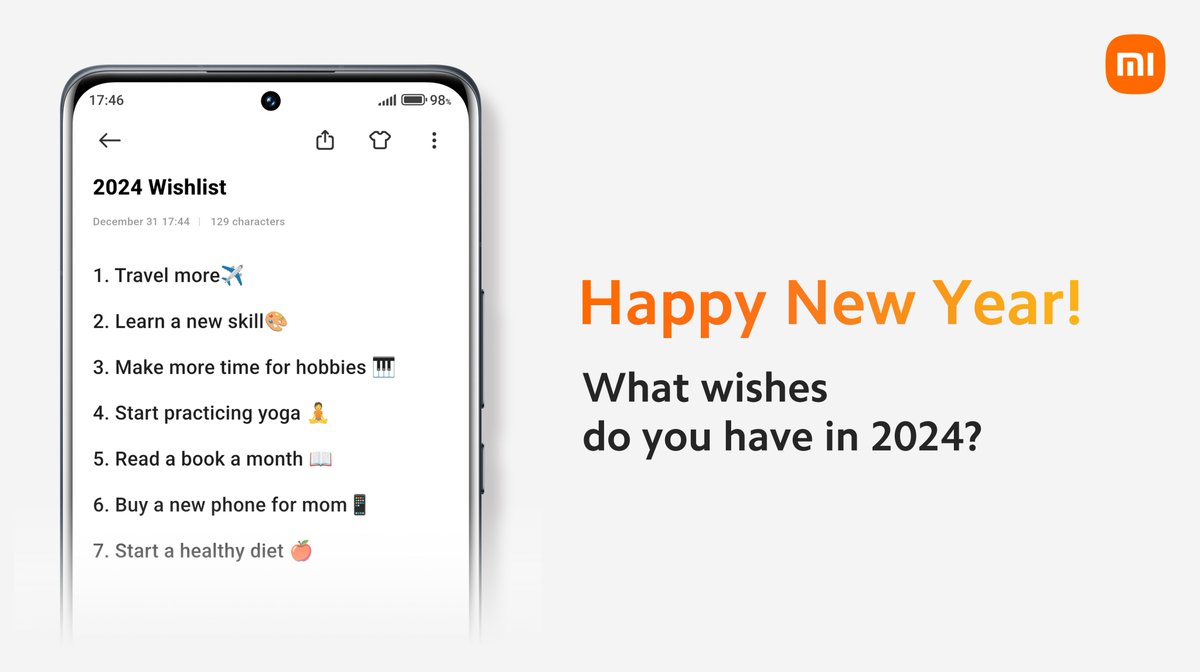 XiaomiHyperOS_'s tweet image. 3, 2, 1! Happy New Year to all Xiaomi Fans! 🥳
Hope everyone gets better in 2024 and make your wishes come true.❤️
#Xiaomi  #Wishlistof2024 #notesapp #MIUI  #XiaomiHyperOS