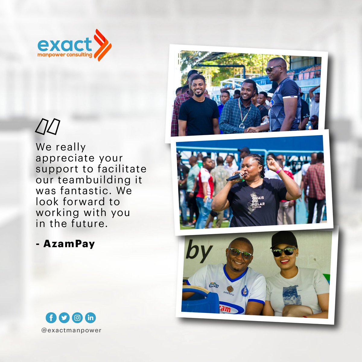 ExactManpower's tweet photo. Thank you #AzamPay for trusting us. 

It’s always a delight to facilitate team-building activities that make memorable experiences and build team morale for our clients. 

#ExactManpower #TeamTraining #TeamBuilding #TeamBuildingActivities https://t.co/gRAVKZOAK7