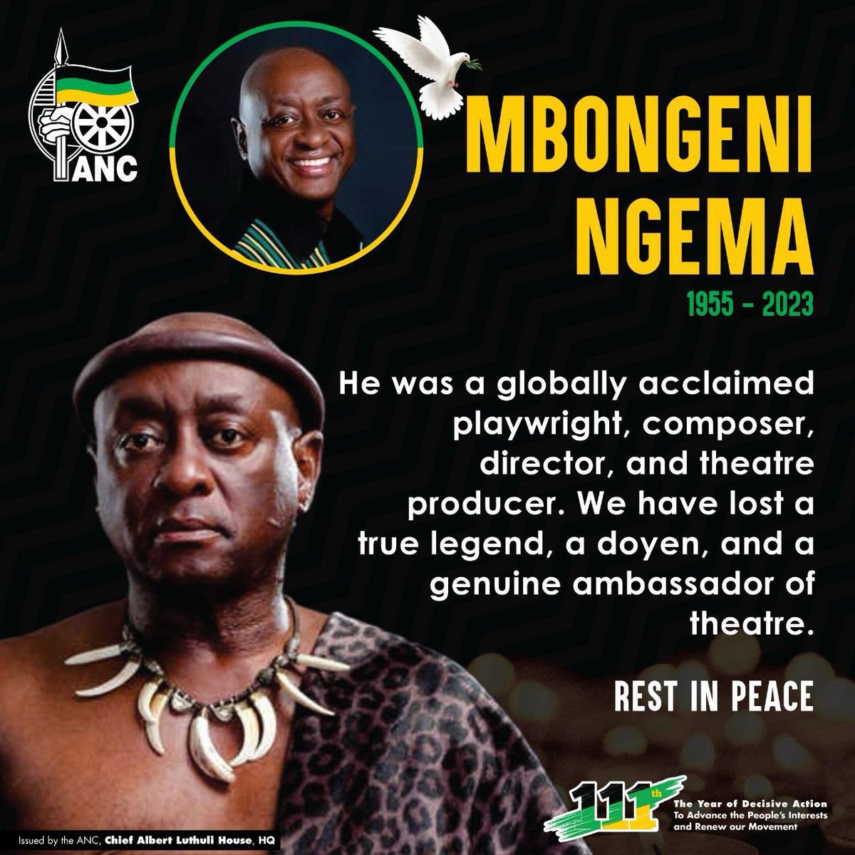 MbalulaFikile's tweet photo. The African National Congress expresses profound sorrow and extends heartfelt condolences to the family, friends, and colleagues of the late Mbongeni Ngema. A luminary in the arts, Ngema's passing leaves an indelible void in the cultural tapestry of our nation. https://t.co/wQA7uDU4wt