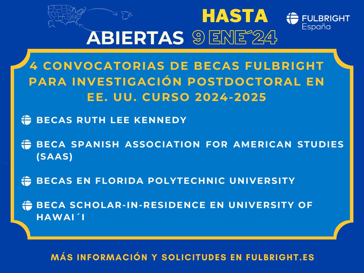 FulbrightSpain's tweet photo. HASTA 9 ENERO 2024
tienes 4 convocatorias abiertas de becas #Fulbright para investigación postdoctoral en EE.UU. durante el curso 2024-25.
Desde https://t.co/XWVjstd23F puedes conocer las convocatorias e iniciar tu solicitud.
@fulbrightspain #masqueunabeca https://t.co/nvaZ8LCu3R