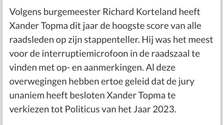 XanderTopma's tweet photo. De jury van de @MeppelerCourant heeft mij verkozen tot politicus van het jaar.

Tof dat mijn inhoudelijke bijdrage wordt gewaardeerd. Ook in 2024 kunnen de andere raadsleden en het college weer veel interrupties verwachten 😉 https://t.co/VKDElfY9db