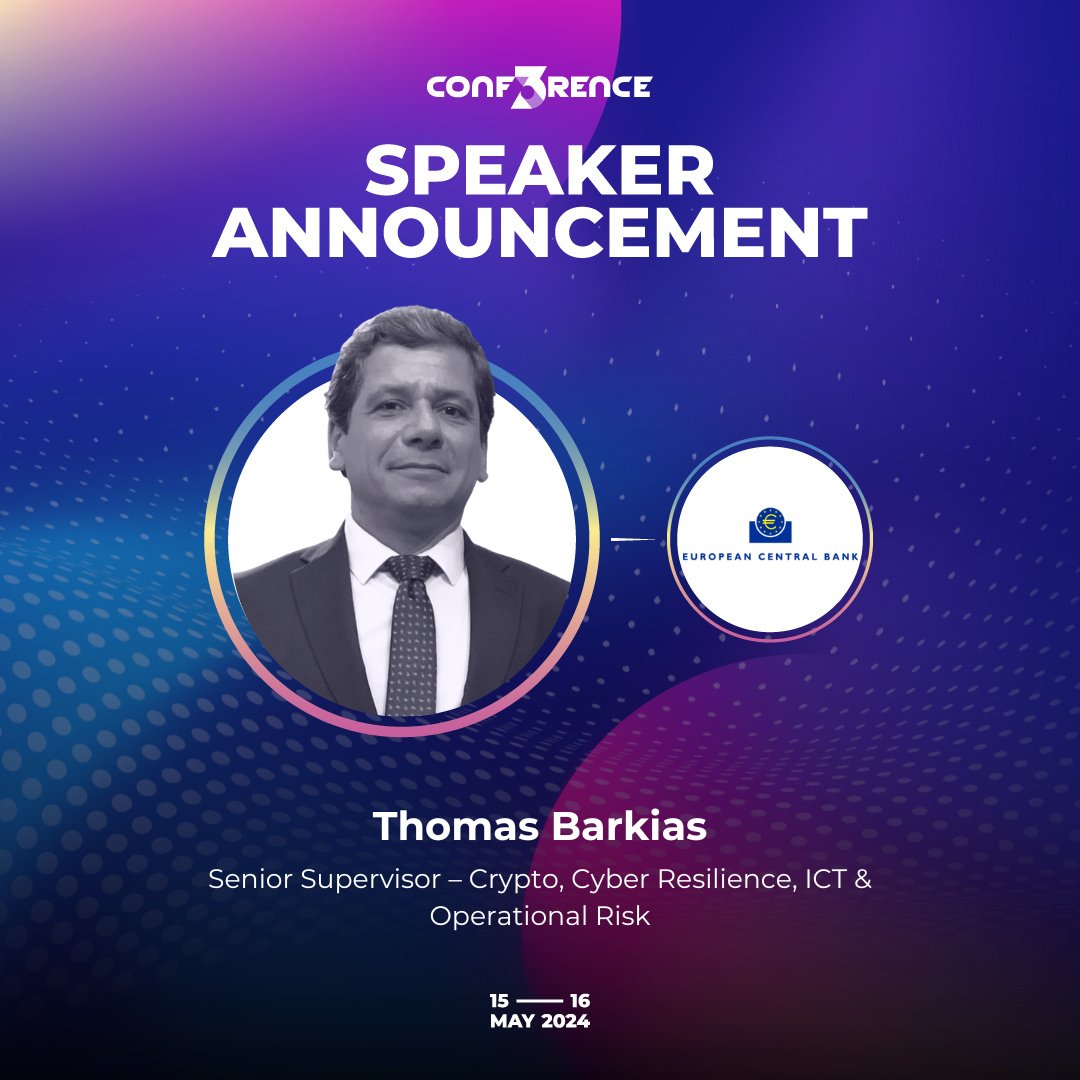 conf3rence's tweet photo. Speaker Alert! Introducing Thomas Barkias from the European Central Bank to #CONF3RENCE 2024. 
Dive deep into the intersection of fintech, AI, and digital finance with a seasoned expert. Stay tuned! 

#Web3 #AI #CyberResilience https://t.co/nbb9PttQ8h