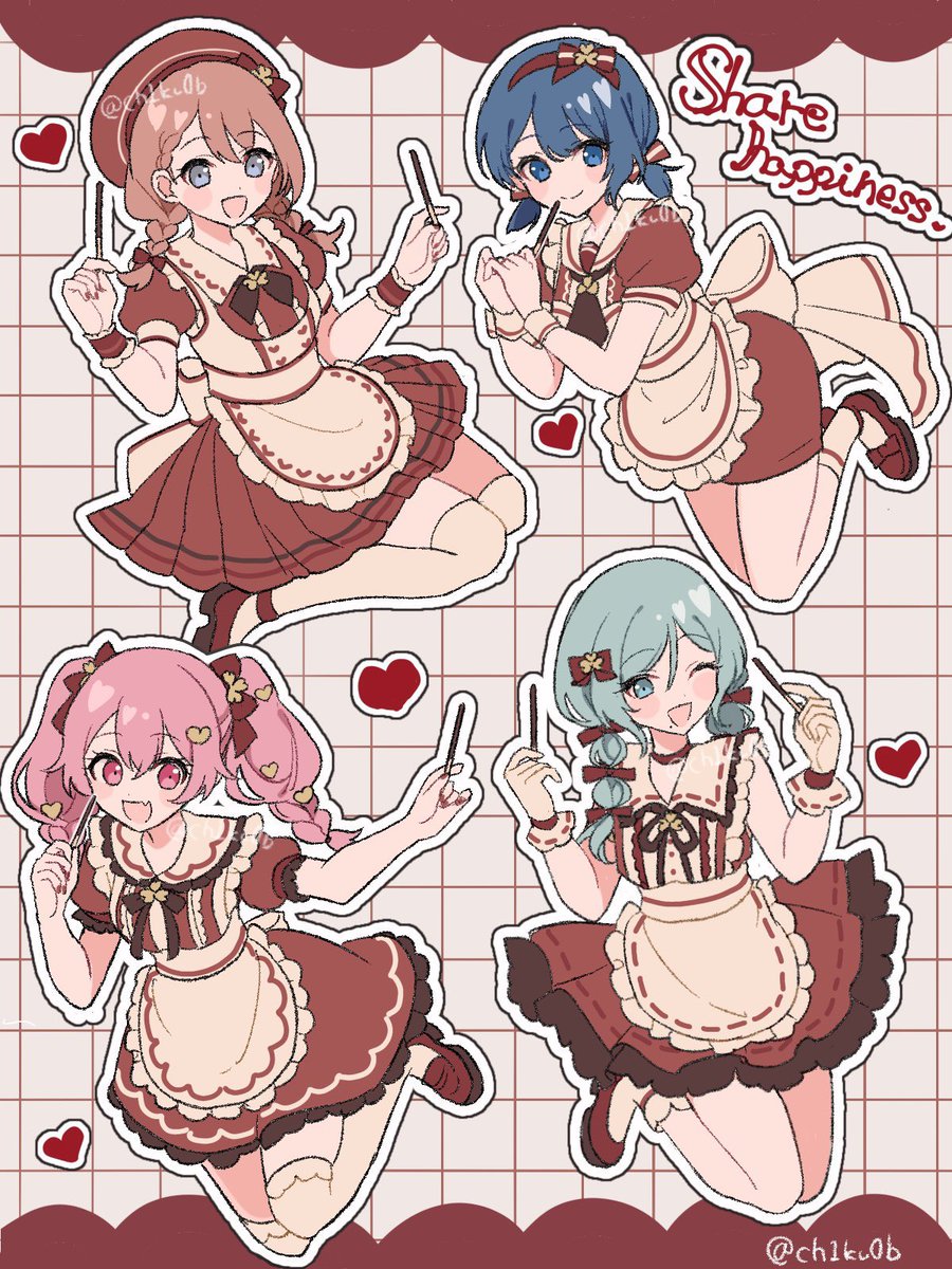 pink hair braid twintails multiple girls apron smile heart  illustration images