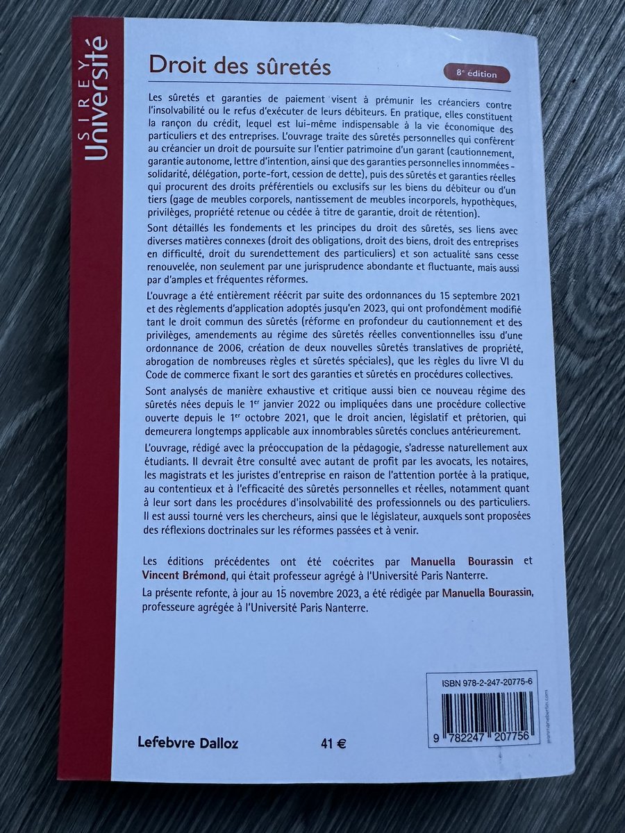 heureuse d’annoncer la parution le 4/01 de la 8e éd. de mon ouvrage de droit des sûretés entièrement réécrite pour intégrer les réformes de 2021 du droit des sûretés et des entreprises en difficulté, leurs textes d’application et les nouvelles jurisprudences jusque fin 2023.