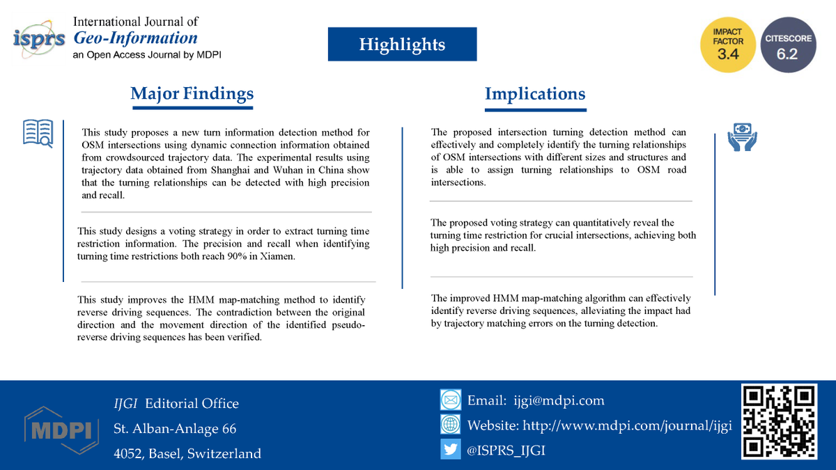 ISPRS_IJGI's tweet photo. 👇Check out the key highlights of our published paper - "Detecting Turning Relationships and Time Restrictions of OSM #Road Intersections from Crowdsourced Trajectories"
By Xin Chen et al.
🔎https://t.co/5RYbnxxvrg
#OpenStreetMap #mapmatching https://t.co/yW9gNP97Pl