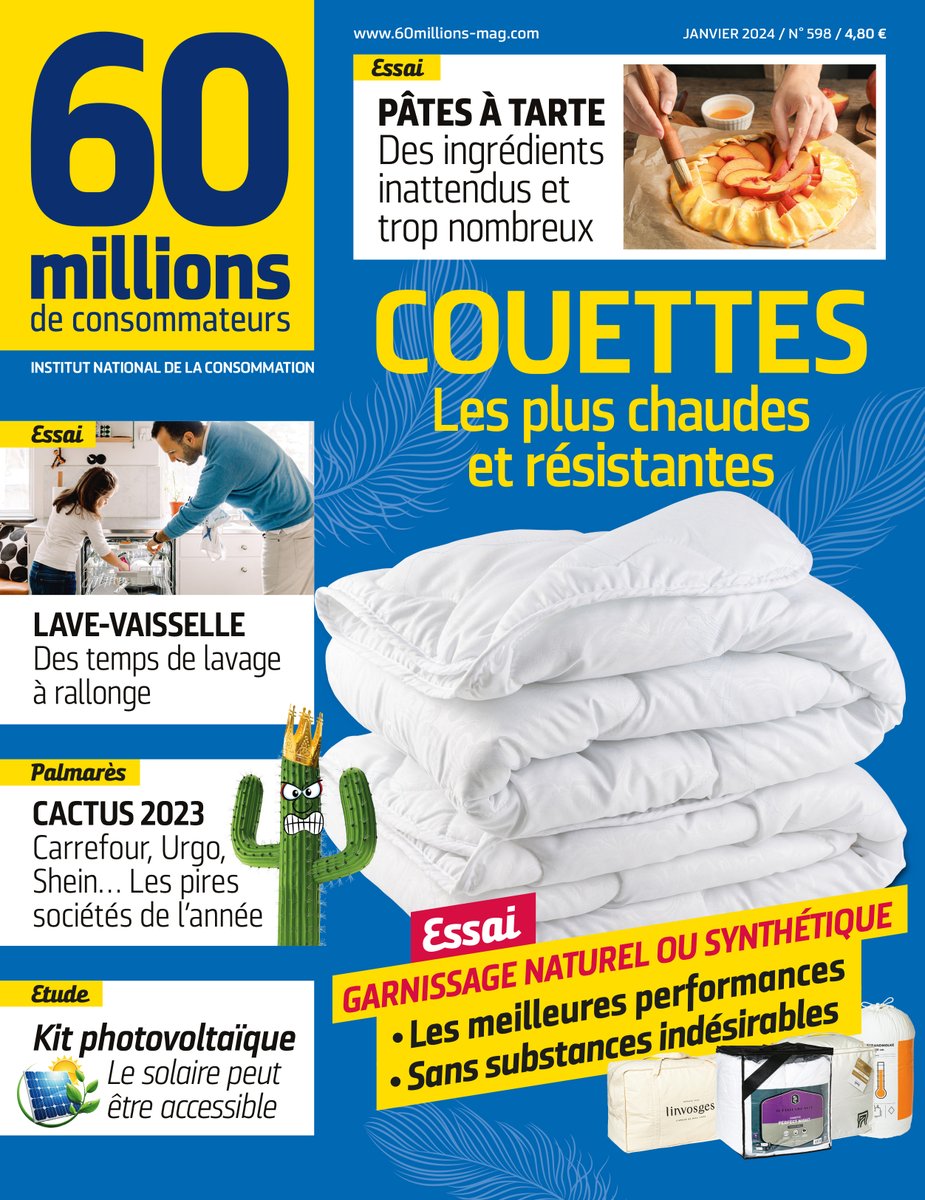 60millions's tweet photo. 📢 Nouveau numéro
À la une – #Couettes : les plus chaudes et résistantes

Pas simple de faire son choix parmi toutes les références et devant la pauvreté de l'étiquetage. Confort, solidité, substances indésirables…
Notre #comparatif pour le #MoisDuBlanc

https://t.co/uhj27yPqlZ https://t.co/RihO3KrEIG