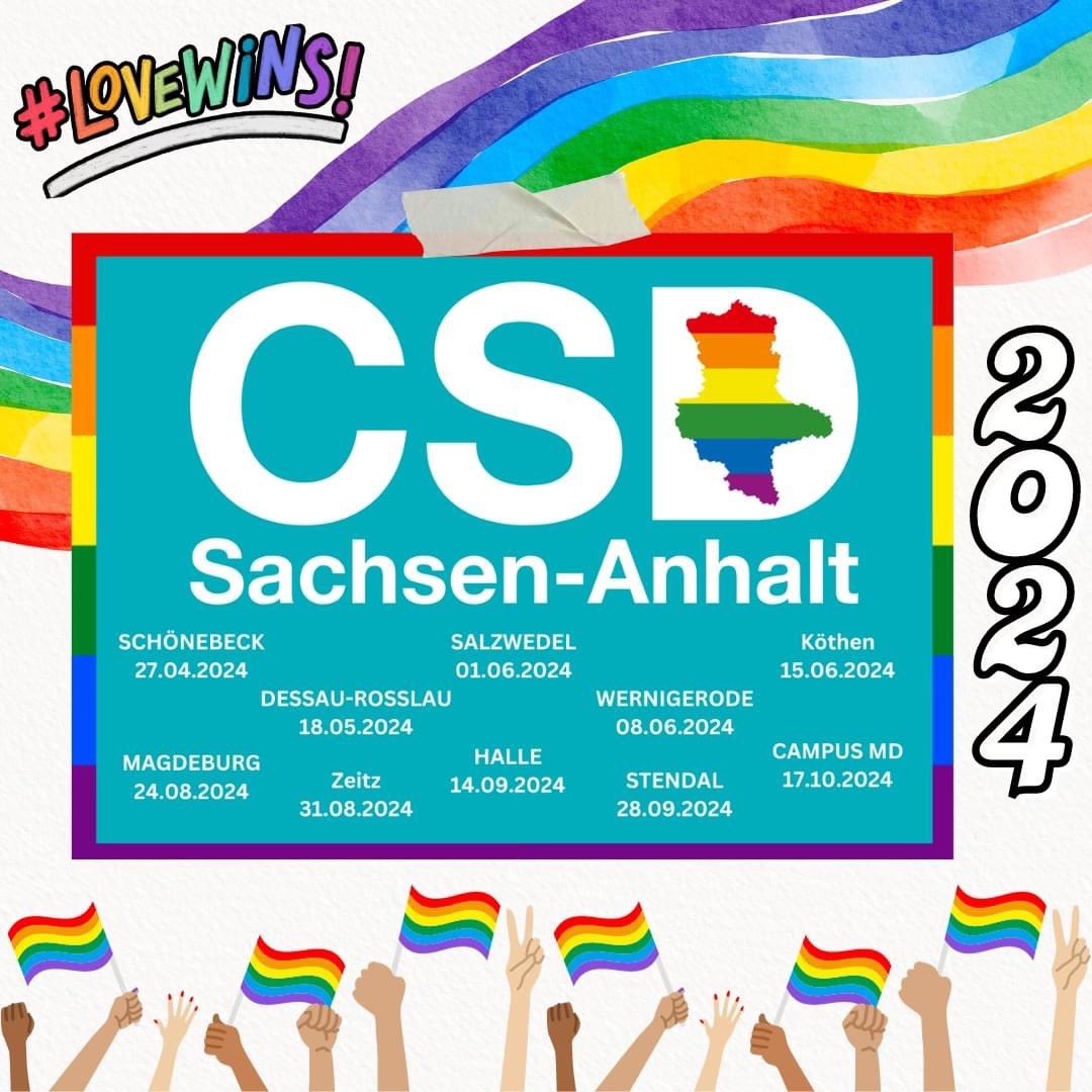 CSD Sachsen-Anhalt (@csdsachsenanhal) on Twitter photo CSD in Sachsen-Anhalt 2024: Zum ersten Mal finden 10 CSDs im Bundesland statt! Unser Terminflyer ist bereit. Wenn ihr ihn verteilen oder an eurem Lieblingsort auslegen möchtet, meldet euch bei uns unter info@csd-sachsenanhalt.de, und wir schicken euch Karten zu.
#csd #2024 CSD in Sachsen-Anhalt 2024: Zum ersten Mal finden 10 CSDs im Bundesland statt! Unser Terminflyer ist bereit. Wenn ihr ihn verteilen oder an eurem Lieblingsort auslegen möchtet, meldet euch bei uns unter info@csd-sachsenanhalt.de, und wir schicken euch Karten zu.
#csd #2024