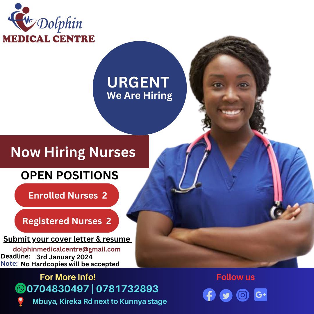 Jobalert 📢
@CentreDolphins is urgently hiring enrolled and registered nurses to join its team. 

#jobclinicug #HealthcareJobs #NursingCareers #JobsInUganda #jobopportunity #ApplyNow