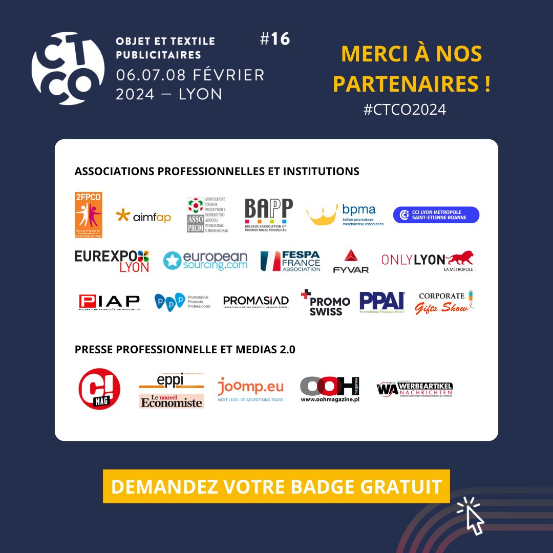 🌟Merci à nos partenaires 2024 @2FPCO @Aimfap @Assoprom #BAPP @bpma @CCILYONMETRO @eurexpo_ @FESPAFrance @FyvarAsociacion @OnlyLyon #PIAP @promotionalproductsproff @promasiad @promoswiss @PPAI_HQ @MFI_GiftsShow #Cmag @eppimagazine @LeNouvelEco #joomp #ooh #WerbeartikelNachrichten