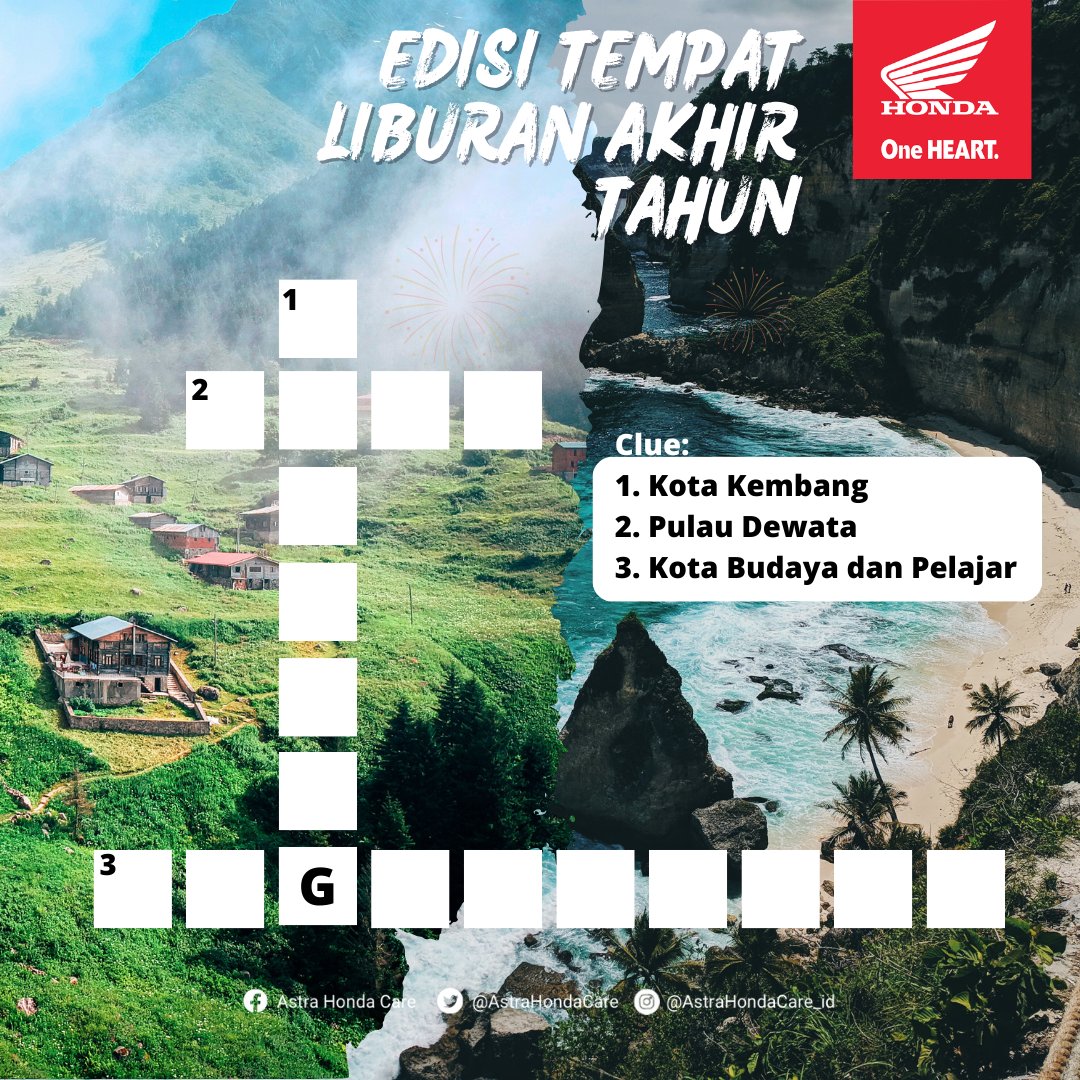 AstraHondaCare's tweet photo. Waktunya Giveaway!

Sebentar lagi akhir tahun, pasti BroSis udah planning buat liburan akhir tahun. Yuk bantu Mimin sebutin 3 destinasi wisata paling terkenal. Udah Mimin kasih clue juga ya😊

Dapetin pulsa 50K untuk BroSis yang beruntung 🙂

- Jawab pertanyaan dari mimin dikolom komentar
- LIKE dan RETWEET postingan giveaway ini ya BroSis
- Wajib Like & Follow Fanpage Facebook Astra Honda Care
- Tag 3 orang teman kamu buat ikutan
- Sertakan hashtag #AstraHondaCare #SalamSatuHATI #GiveawayAHC