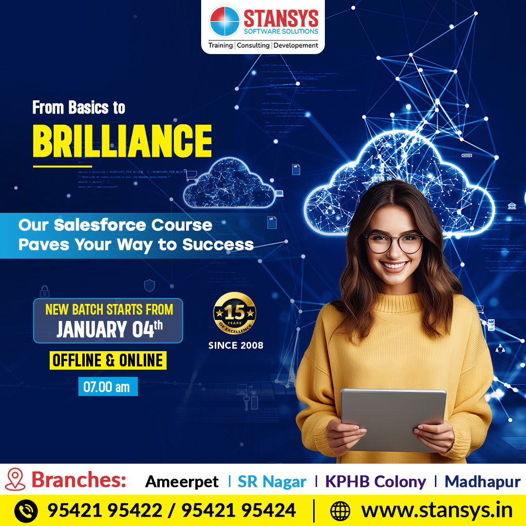 Stansys_SAS's tweet image. Unlock the journey from basics to brilliance with our #SalesforceCourse! 🚀 Elevate your skills and pave the path to success in the dynamic world of Salesforce. 💡✨
Call Us Now: 9542195422 / 9542195424.
Visit:stansys.in
#salesforcecourse #salesforcetraining
