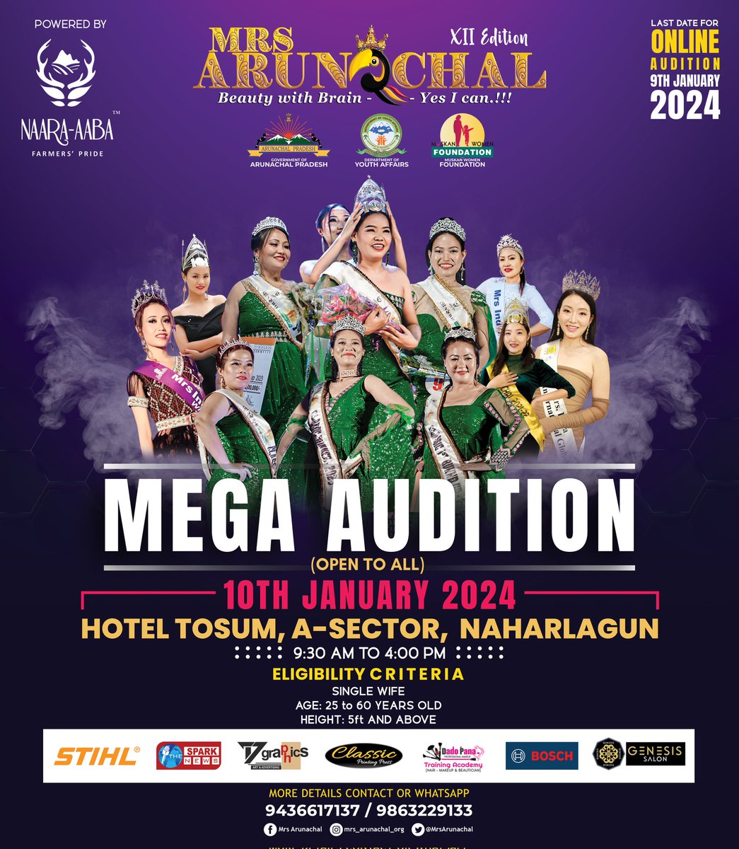 MrsArunachal's tweet photo. Calling all the beautiful ladies out there!

If you missed the Online Audition for @Naara_aaba @MrsArunachal, don't worry because your chance awaits at the Mega Audition. Join us at Hotel Tosum, A-Sector, Naharlagun on 10th January 2023 for a fabulous opportunity.

@OfGoap https://t.co/AOpo2MeUxi