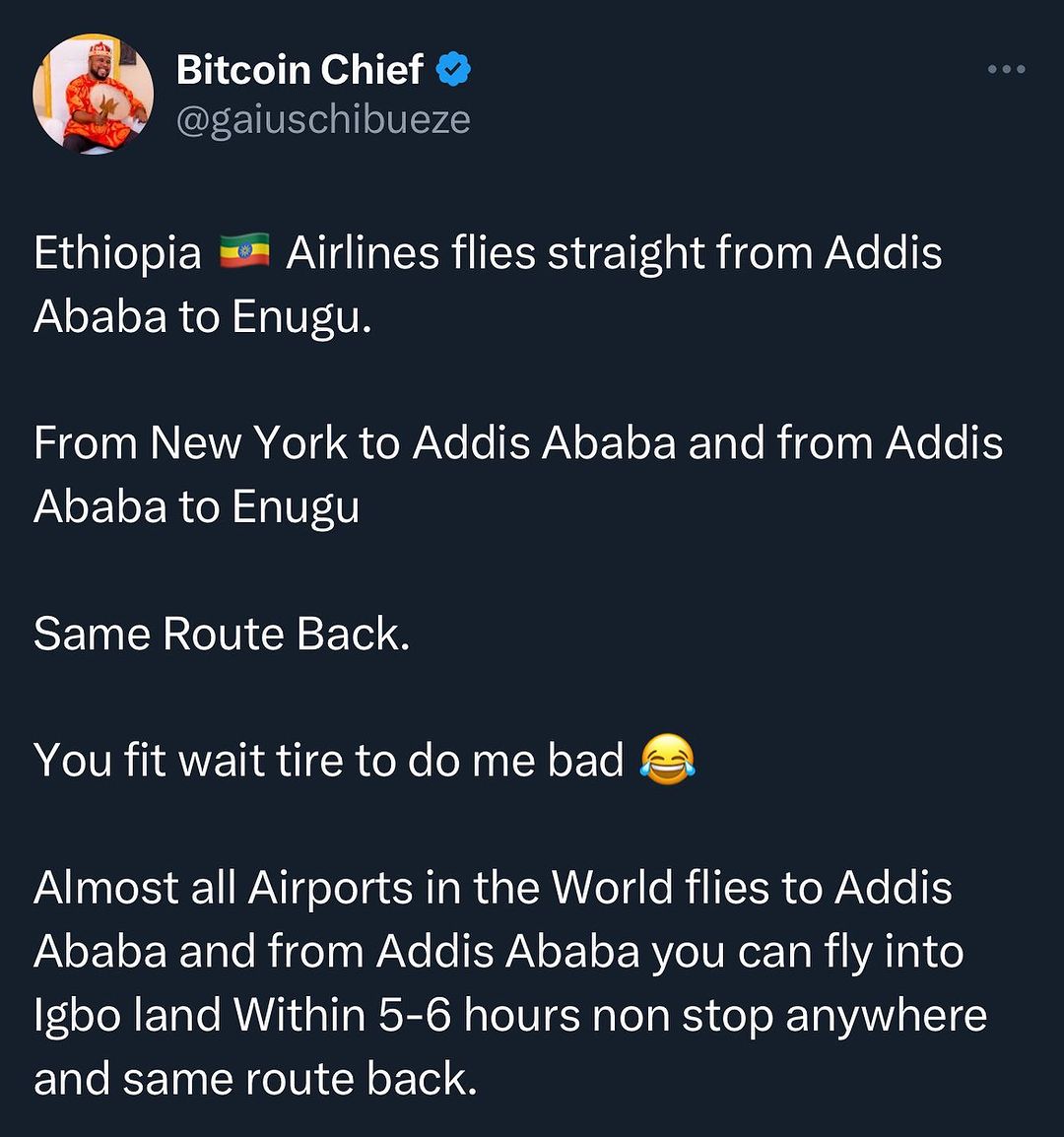 ifeanyiakorjuru's tweet photo. BREAKING 💯 
Ndi Igbo, Enugu has an International Airport, and it’s functional. Ndi Igbo, Enugu has an International Airport, and it’s functional. There is no need to fly through Lagos or Abuja. You can fly straight from Enugu Airport.

Ethiopian Airline operates four times weekly flights from Enugu, connecting over 130 destinations across the world. of flying through Lagos or Abuja. You can fly straight from Enugu Airport.

Ethiopian Airline operates four times weekly flights from Enugu, connecting over 130 destinations across the world.