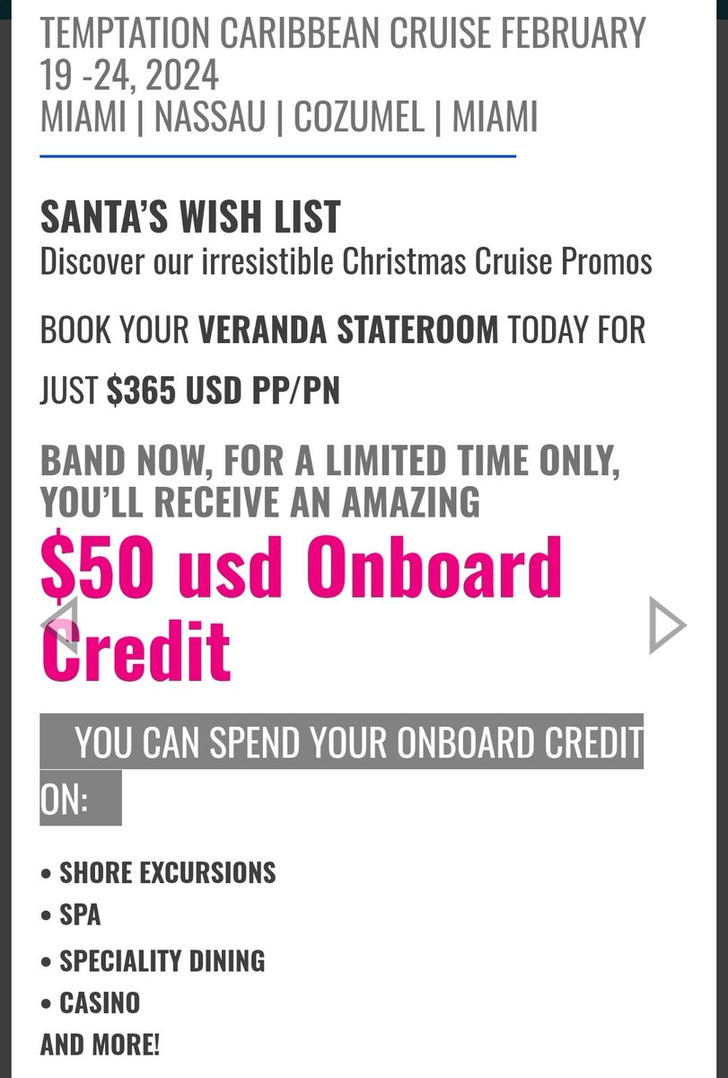 flightnhotels's tweet photo. Book a Veranda Stateroom &amp; receive $50usd Onboard Credit
🔗{https://t.co/4ftGrm2fuW} 

#onboardcredit #miami #floridakey #Nassau #cozumel #Bahamas #Caribbean #Promo #caribbeancruise #forcouples #forsingles #Russia #PAKvAUS #AUSvPAK #StormGerrit #fishtanklive #Mexico #LeeSunKyun https://t.co/dPqoVxaf6B