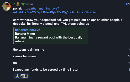 <a href="/cryptowasta/">CRYPTO WASTA</a> idk ansem shilled it in his private group. it's a banana ponzi 😂

here's my ref link if u need it:
bananaminer.xyz/?ref=8c5JxMUPg…