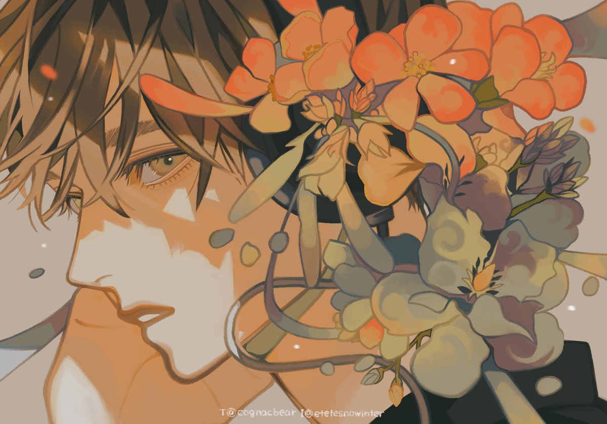flower 1boy male focus solo looking at viewer black hair blue flower  illustration images