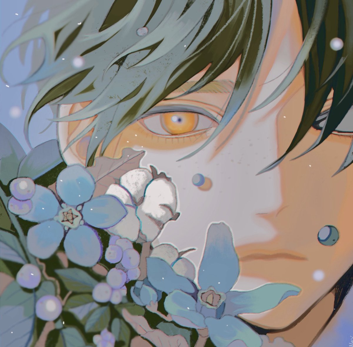 flower 1boy male focus solo looking at viewer black hair blue flower  illustration images