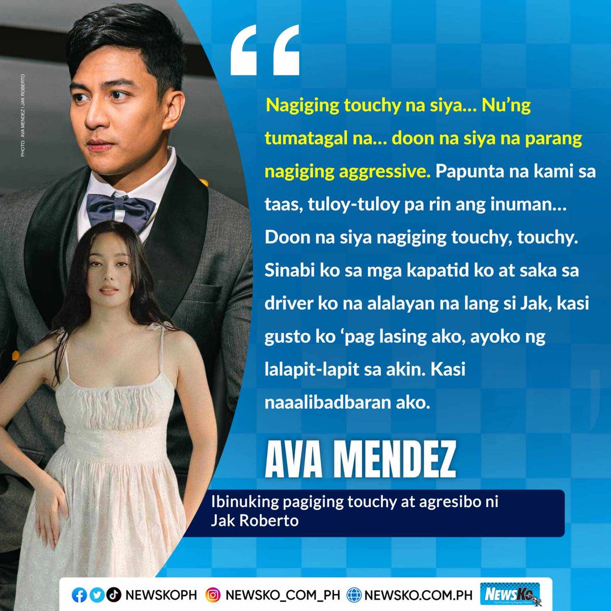 NewsKoPH's tweet image. 'NAGIGING TOUCHY NA SIYA, NAGIGING AGGRESSIVE'

Ibinunyag ni Ava Mendez ang ugali ng aktor na si Jak Roberto kapag nakainom ng alak.

newsko.com.ph/2023/12/27/jak…

Sundan kami sa official website: newsko.com.ph

#NewsKo #EntertainmentNewsPH #fyp