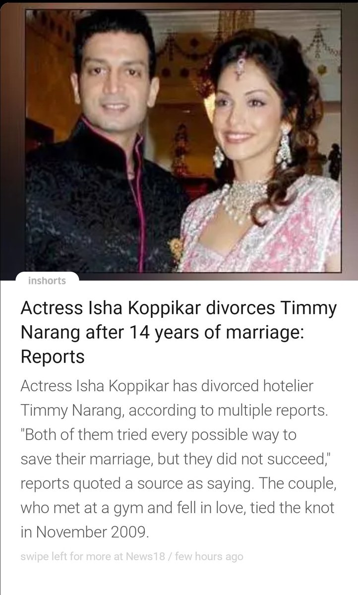 Actor #IshaKoppikar & Timmy Narang get divorced after 14 years of marriage. The couple has a 9-year-old daughter 

🔹️Reason for Separation: Incompatibility 

🔹️As long as separation is mutual without abusing & cursing each other, divorce should be welcomed & not looked upon