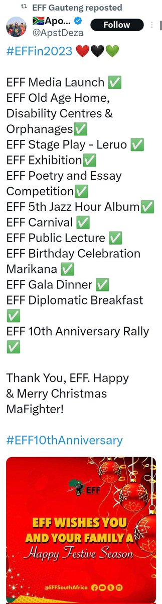 WorldofThabiso's tweet photo. What has your party done this year to show BLACK LOVE, CARE AND SUPPORT
EFF is genuine a True Gift to Humanity..EFF take SA from junk to First Class Economy
#EFFin2023 #RegisterToVoteEFF #EFFinGovernment #SaveSAin2024 #2024isOur1994 https://t.co/Pl0NMUxpp0