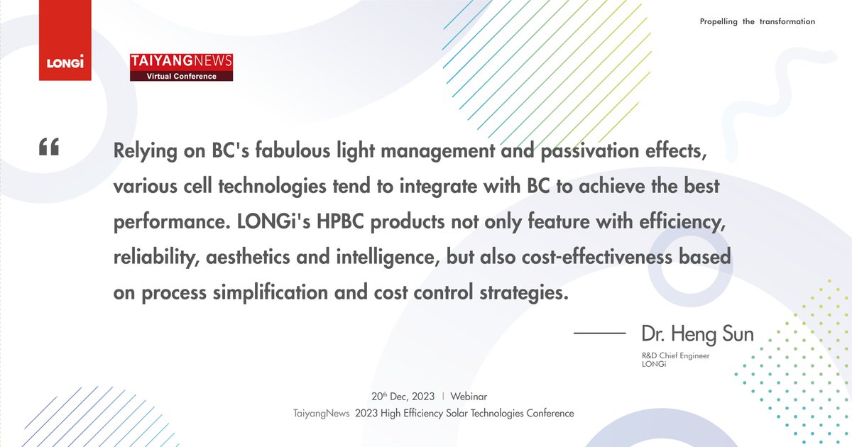 Dr. Heng Sun, our R&D Chief Engineer, discussed the future of solar technology at the TaiyangNews Virtual Conference. His insights on HPBC solar cell technology are a call to action for the industry. Let's unlock the potential of solar innovation! #HPBC #LONGi #TaiyangNews