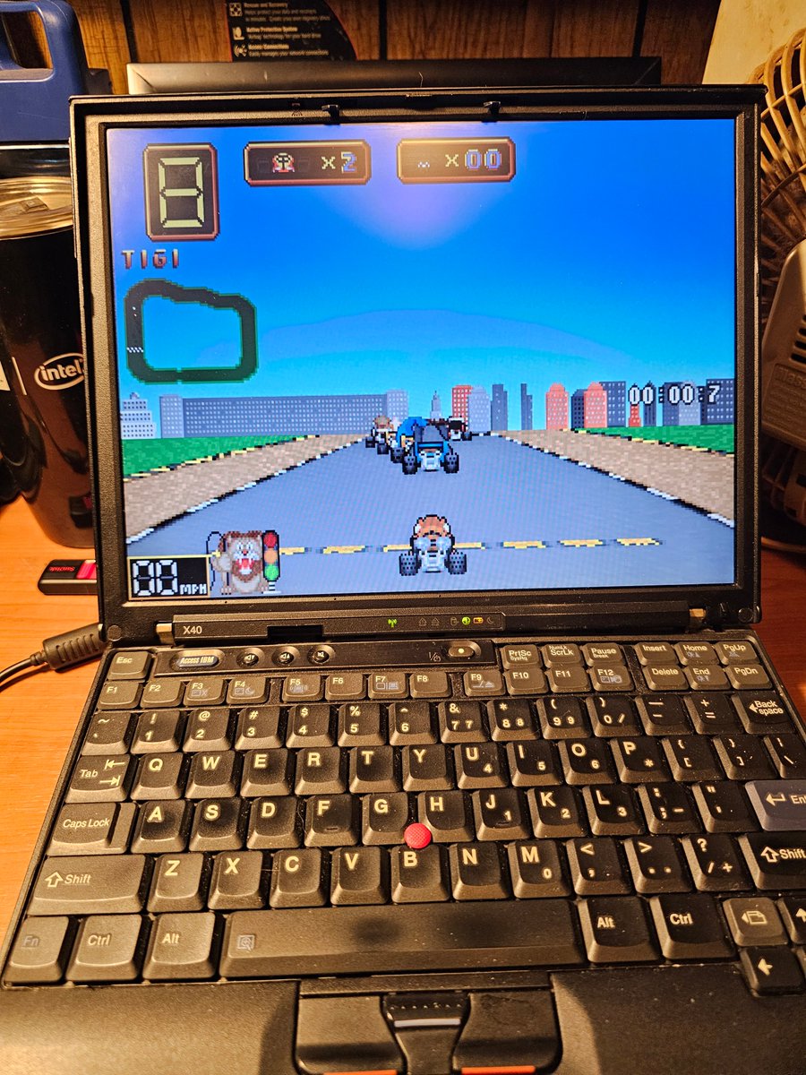 topmahof's tweet photo. For #ThinkPadThursday I'm playing a favorite old game on a classic #ThinkPadX40 snapped onto its Ultrabase. #WackyWheels #LenovoIN https://t.co/tYv50VjRXU