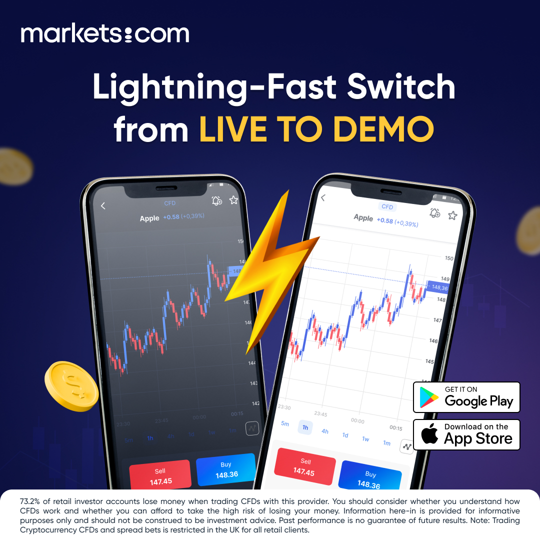 marketscom's tweet image. Enhance your skills with our lightning-fast switch from live to demo in just a click. 💪

✅ Craft your strategy.
✅ Build confidence.
✅ Go live in seconds.

Download the #Marketscom app today! 
👉 app.markets.com/app-Tw-main

#TradingDemo #MarketMastery #app