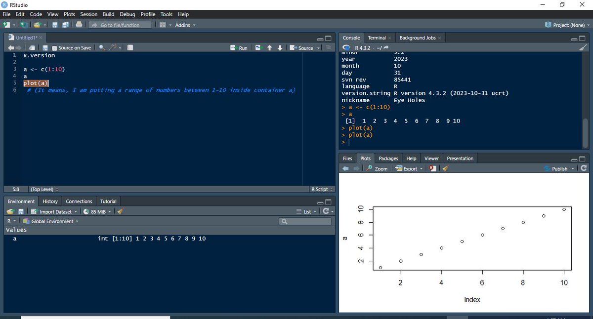 FineAgabus's tweet image. Did you know that the R programming language is case-sensitive? In other words, "a" is not the same as "A" - R sees them as two completely different values.
We've kick-started our basics journey in R @VephlaUni and plotted basic charts.
@DevTobs
#RProgrammingLanguage!!