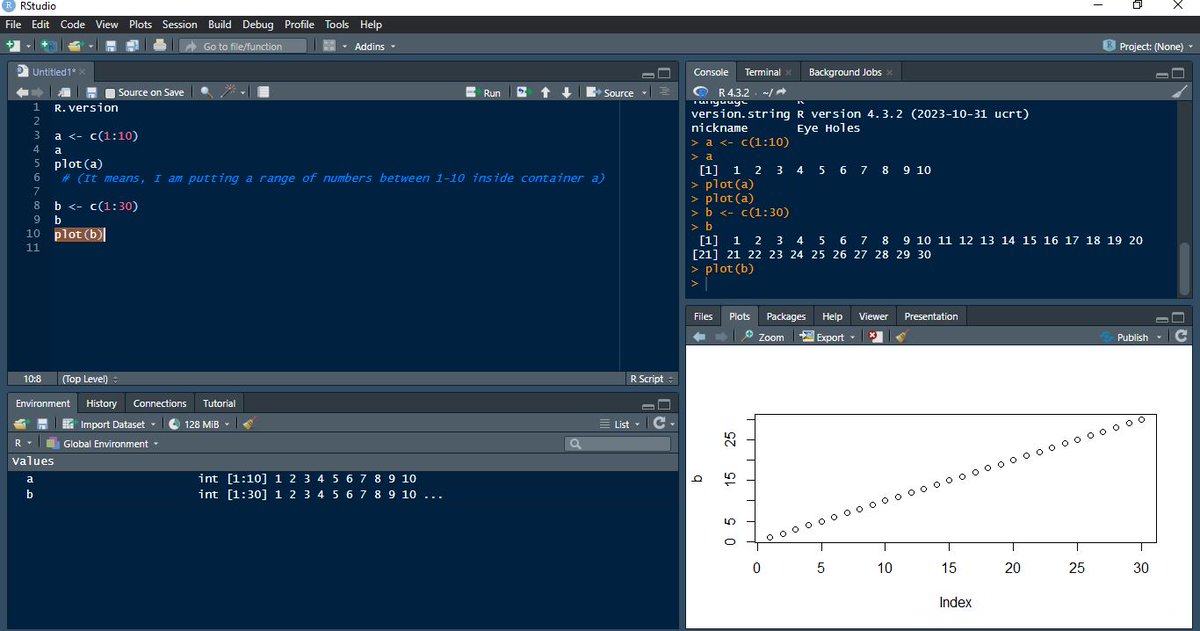 FineAgabus's tweet image. Did you know that the R programming language is case-sensitive? In other words, "a" is not the same as "A" - R sees them as two completely different values.
We've kick-started our basics journey in R @VephlaUni and plotted basic charts.
@DevTobs
#RProgrammingLanguage!!