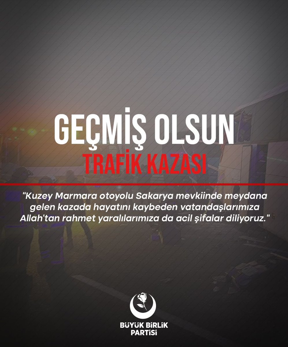Kuzey Marmara Otoyolu Sakarya geçişi İstanbul istikametinde yoğun sis sebebiyle meydana geldiği açıklanan ve  3’ü otobüs 6 aracın karıştığı bildirilen zincirleme #kaza’da hayatını kaybeden 11 vatandaşımıza Yüce Allah’tan rahmet, ailelerine ve yakınlarına başsağlığı-sabır