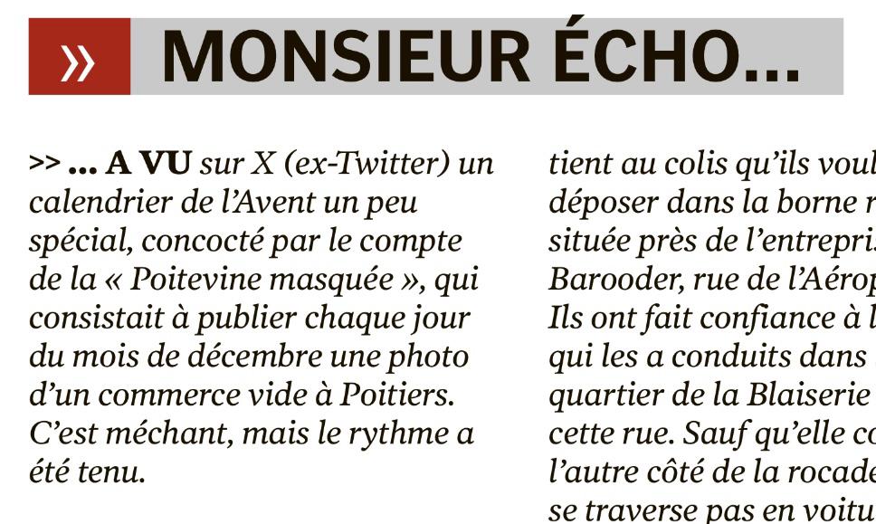 poitevin_e's tweet photo. [@poitevin_e dans la presse 😎] Un vrai travail d'investigation 🕵 à #Poitiers ! Avec une photo 📷 publiée chaque jour, le mois de décembre aurait largement pu durer 45 jours ! #Affaireàsuivre ... https://t.co/g1X6qwQh88
