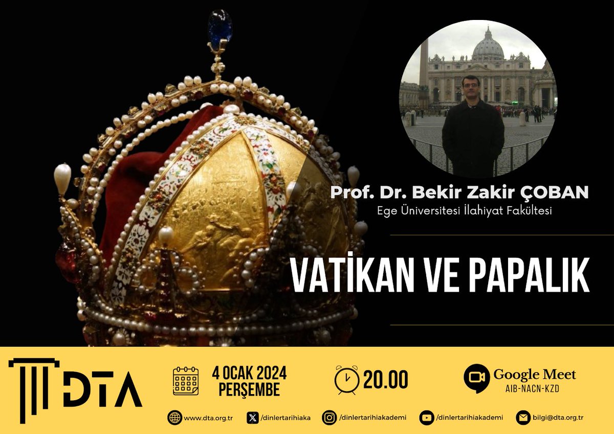 DTA olarak 2024 yılının ilk seminerini Prof. Dr. Bekir Zakir Çoban (@bekirzakir) ile gerçekleştireceğiz. “Vatikan ve Papalık” konulu bu seminerimiz için takvimlerinizi 4 Ocak 2024 tarihine ayarlamayı unutmayınız.