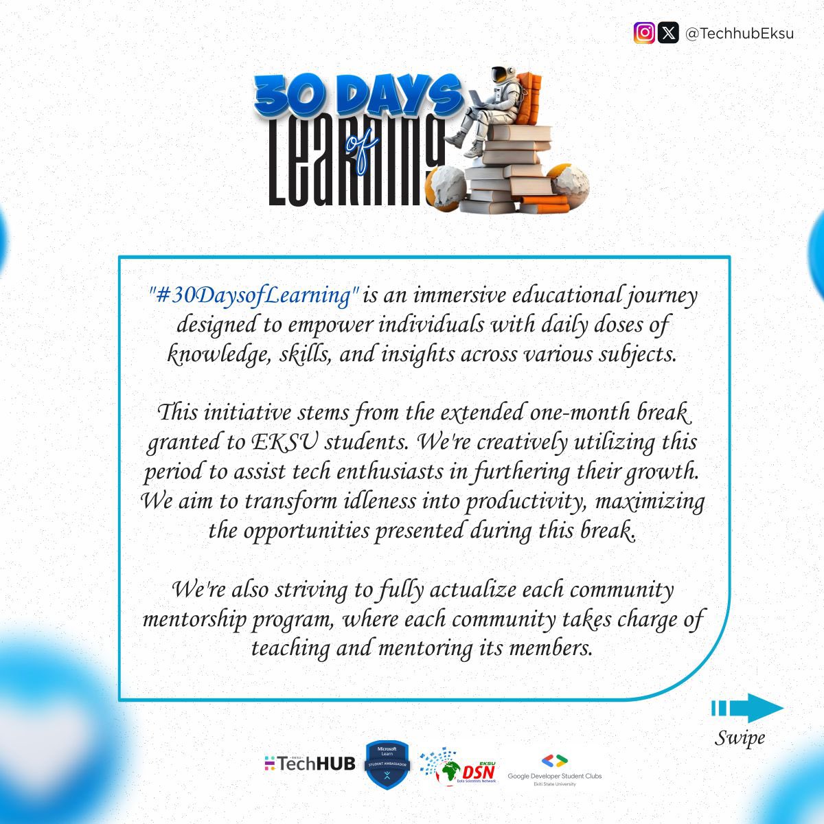mlsa_eksu's tweet photo. Ever considered the thrill of learning something new every day?
Well, be ready because you're about to embark on a month-long learning journey
We can’t wait to have you on board for this exciting adventure.
#mlsaeksu #techhubeksu #30DaysOfLearning https://t.co/5w4WVcaOAc