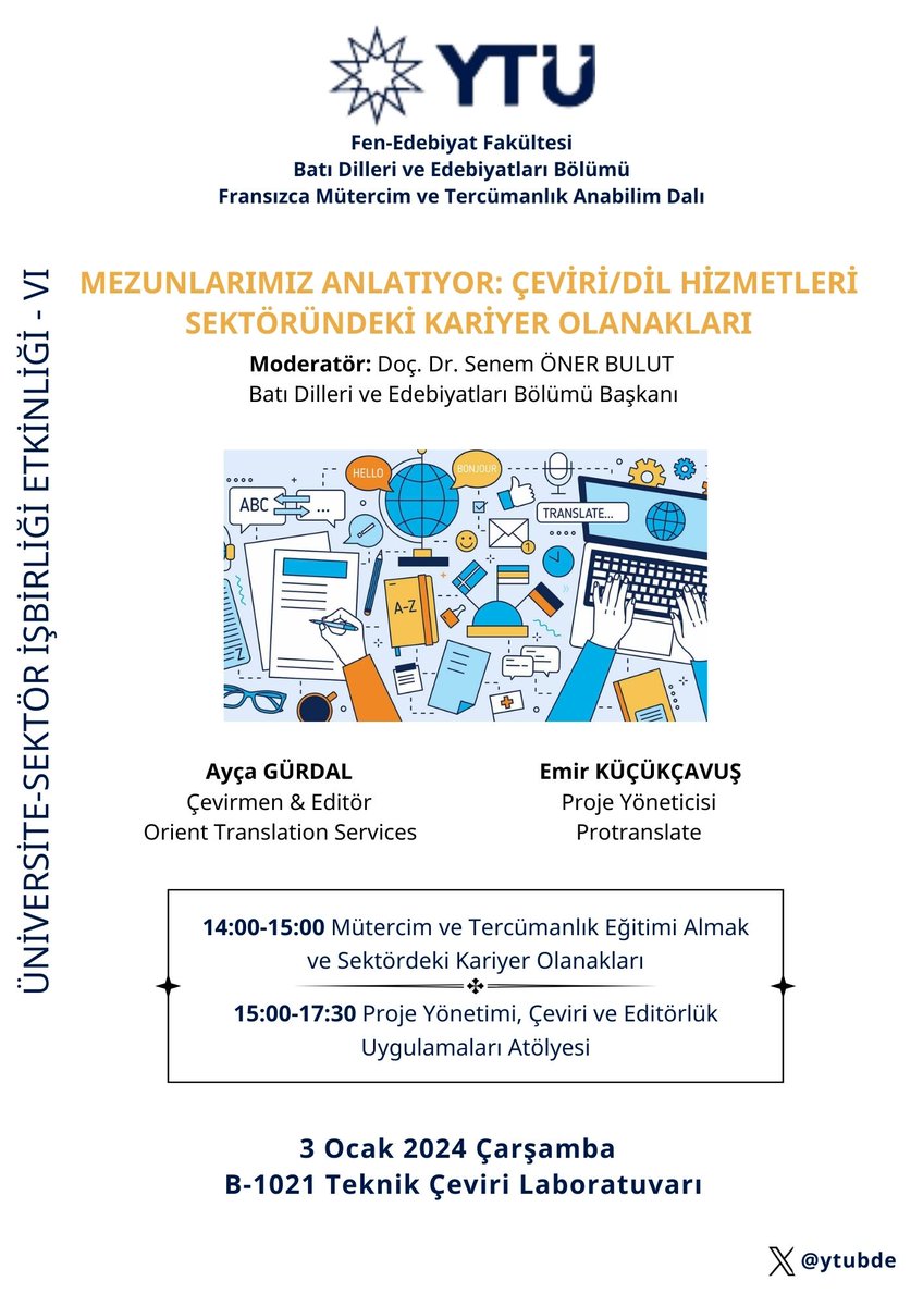 Üniversite-Sektör İşbirliği Etkinliklerimiz⭐️ kapsamında, 2022 mezunlarımız Ayça Gürdal ve Emir Küçükçavuş sektördeki en güncel mesleki uygulamaları paylaşmak üzere 🌟 öğrencilerimizle buluşuyor! #BizÇeviriyoruzDünyaDönüyor #ÜniversiteSektörİşbirliği #EğitimdeLiderYTÜ <a href="/YtuFedFkl/">YTÜ Fen-Edebiyat Fakültesi</a>