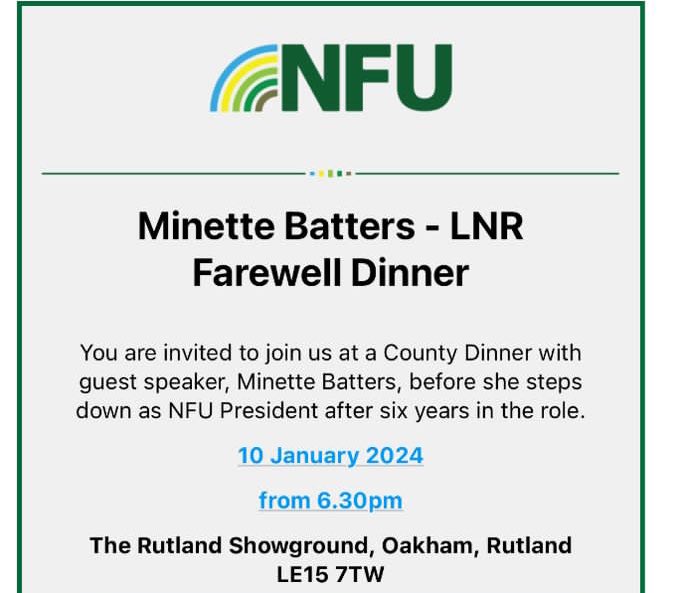 JoeWStanley's tweet photo. Calling all @NFULNR members!

You’re invited to a special dinner on the evening of 10th January.

An opportunity to say farewell to @Minette_Batters before she steps down as president &amp; hear her reflections on a decade as an @NFUtweets officeholder.

📧 nfu_midlands@nfu.org.uk https://t.co/ah0oUWwnWu