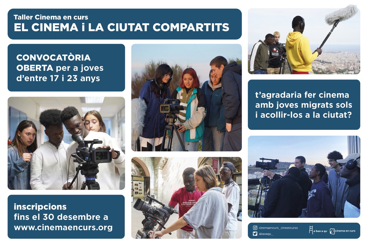 CONVOCATÒRIA! Queden 3 dies! 
Si vols fer cinema i compartir aprenentatges i vivències amb joves migrats sols, aquest projecte #cinemaencurs t'interessa! 
De gener a juny, divendres a la tarda, farem i veurem cinema i acabarem creant un film col·lectiu
👉cinemaencurs.org/ca/convocatori…