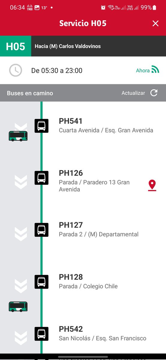 TramonEmilio's tweet photo. @metrodesantiago @Red_Movilidad Buenos dias, la aplicación de @Red_Movilidad lleva varios dias sin mostrar información de la H05. No indica que va llegando cuando se encuentra a un paradero. Y para el resto de los paraderos no dice cuanto tiempo aproximado queda para que arribe. https://t.co/kphqKaNxVE