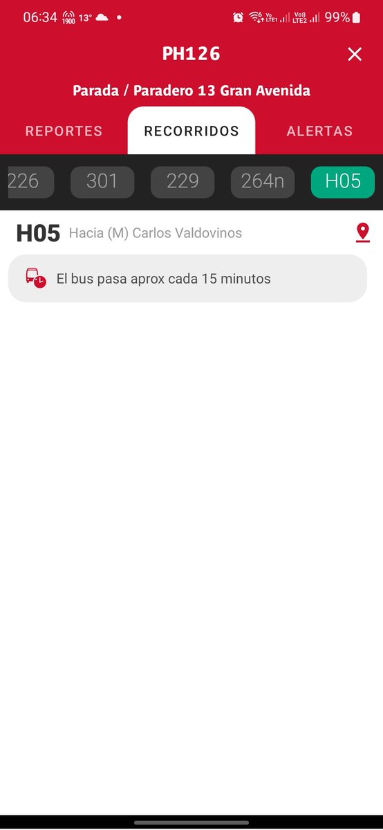 TramonEmilio's tweet photo. @metrodesantiago @Red_Movilidad Buenos dias, la aplicación de @Red_Movilidad lleva varios dias sin mostrar información de la H05. No indica que va llegando cuando se encuentra a un paradero. Y para el resto de los paraderos no dice cuanto tiempo aproximado queda para que arribe. https://t.co/kphqKaNxVE