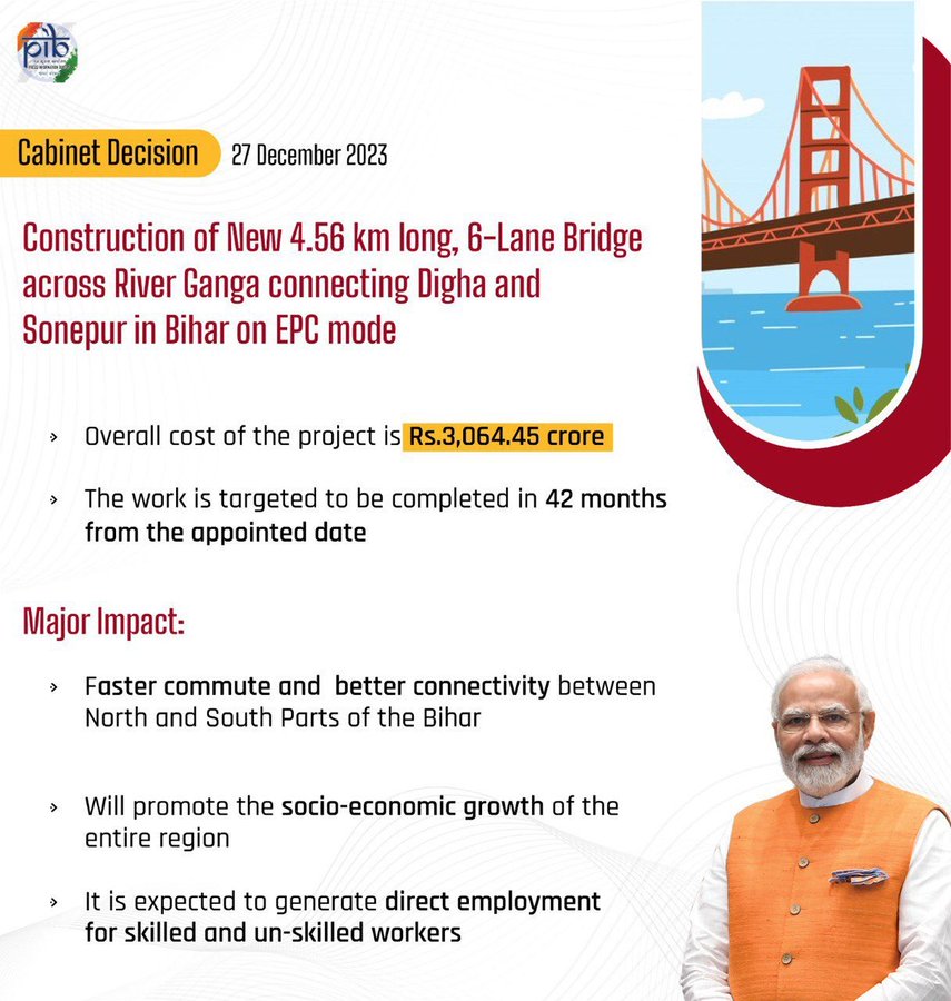 Ipriyalbhardwaj's tweet photo. PM Shri @narendramodi's leadership resonates with progress! The sanctioned 6-Lane Bridge project in Bihar paves the way for integrated roadways, fostering socio-economic vitality and cultural accessibility across Northern Bihar. #BiharInfrastructureBoost #ConnectivityUnleashed https://t.co/BbIKrtdhOm