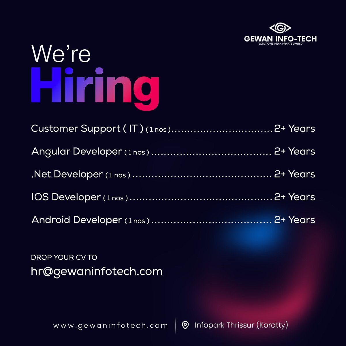 Kerala IT (@kerala_it) on Twitter photo #GEWANInfoTechSolutions is currently hiring for a number of professional openings for their office based at Infopark Thrissur (Koratty). Candidates interested in giving their career a boost can send in their resume to: hr@gewaninfotech.com.
#KeralaIT #InfoparkThrissur #Hiring #GEWANInfoTechSolutions is currently hiring for a number of professional openings for their office based at Infopark Thrissur (Koratty). Candidates interested in giving their career a boost can send in their resume to: hr@gewaninfotech.com.
#KeralaIT #InfoparkThrissur #Hiring