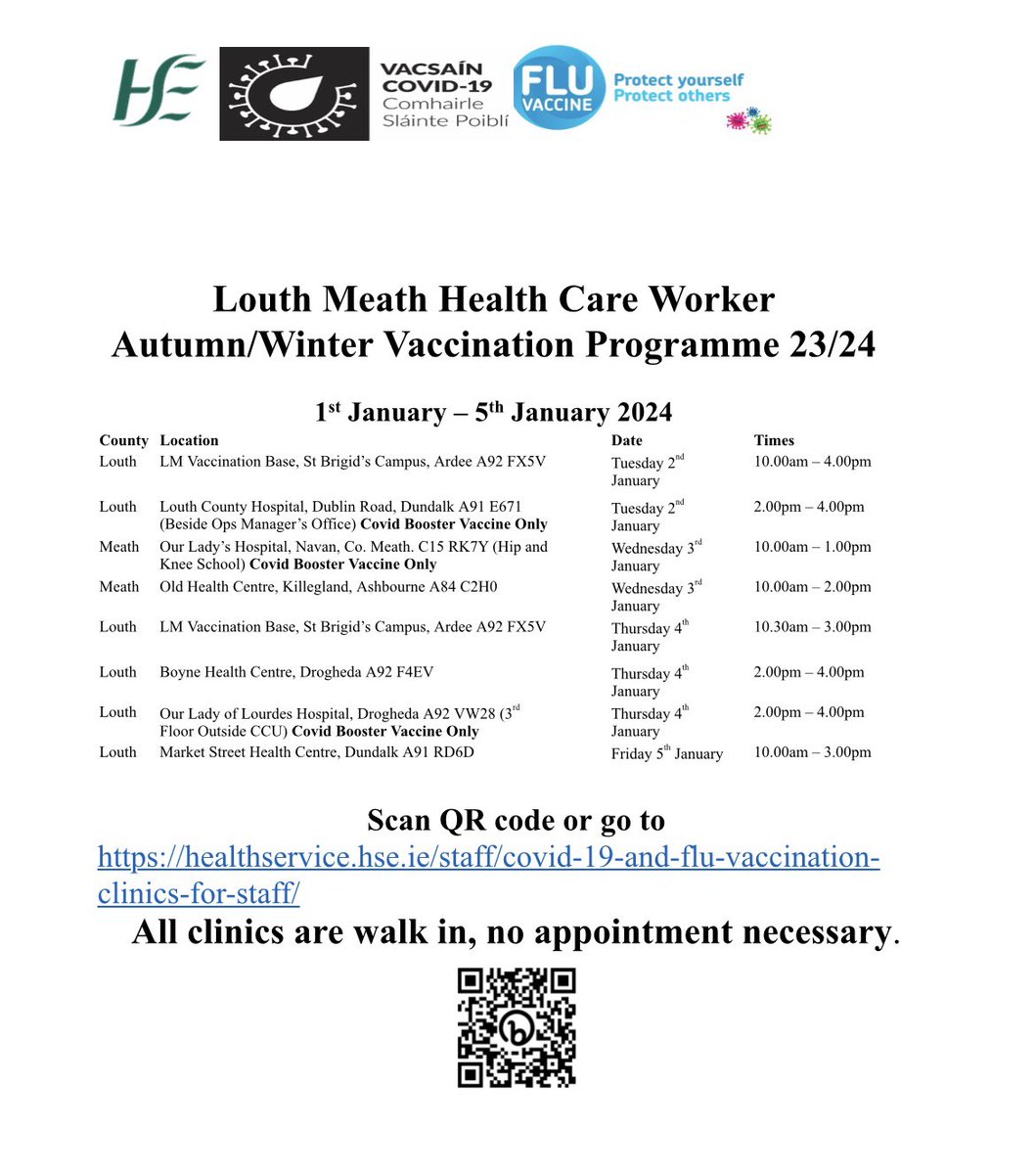 Please see below dates and times for Healthcare Worker Vaccination clinics in the Louth Meath area for the next two weeks. Both COVID and Flu vaccine available (unless otherwise indicated).