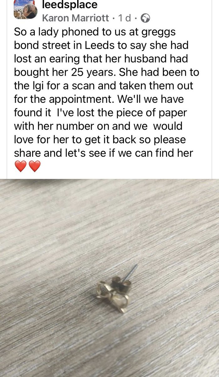 Facebook post.
Sentimental list earring found!