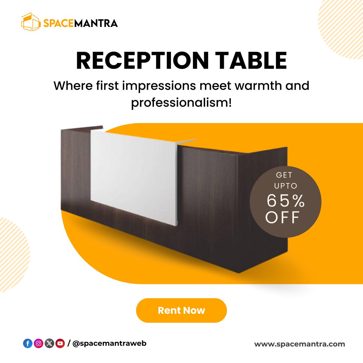 Introducing SpaceMantra's exclusive collection of elite Reception Tables, now offering hassle-free monthly rentals! 

Get upto 65% off here: bit.ly/41BNGKQ

#spacemantra #receptiontable #officefurniturerentals #officefurniture