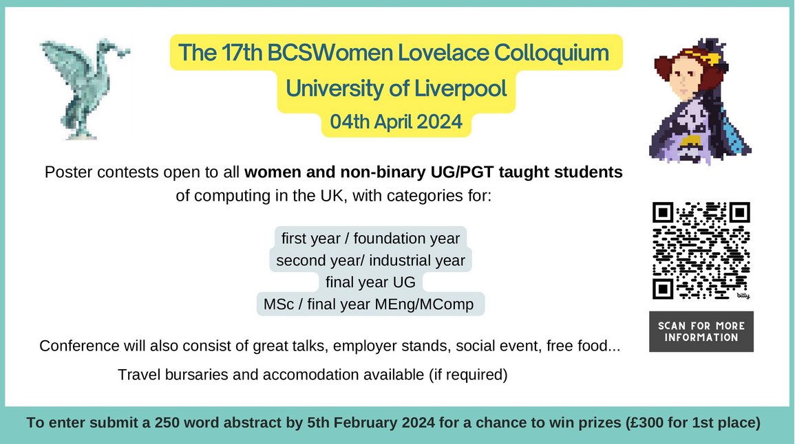 bcs_lovelace's tweet photo. Are you a woman (or nb person) studying computing in the UK? Doing a BSc, MSc or similar? Stuck for something to do between xmas and new year?
Why not submit an abstract to the BCSWomen Lovelace Colloquium poster contest!
https://t.co/Kor6tnaW4D https://t.co/cEsD5uFL3c