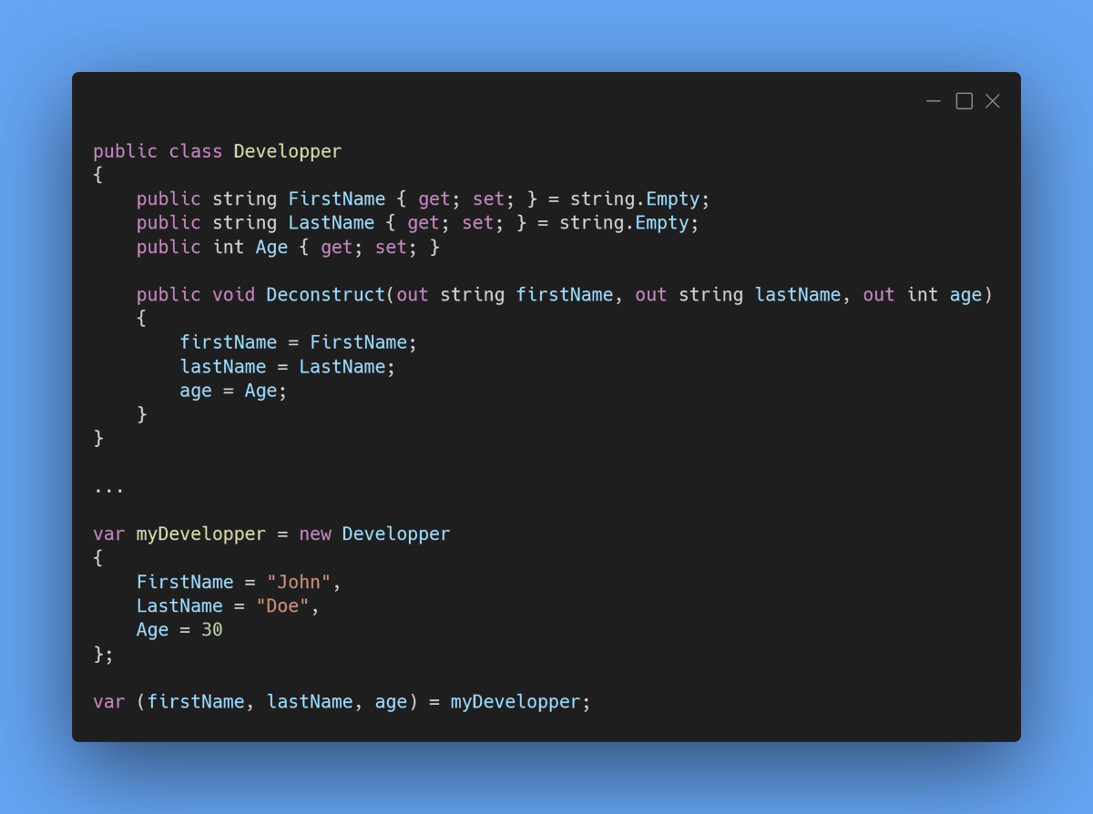 Fuwear_Techno's tweet image. Deconstructing in C# 7 ⛏️
#Fuwear #csharp7 #deconstructing
